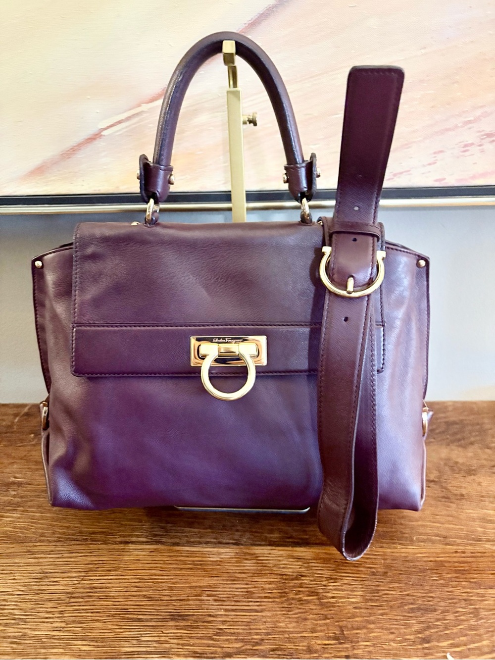 Salvatore Ferragamo Sofia Satchel Crossbody Plum Leather Gold- EXCELLENT